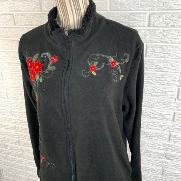 Basic Editions Black Fleece Jacket Red Poinsettias Size Large - Picture 4 of 7